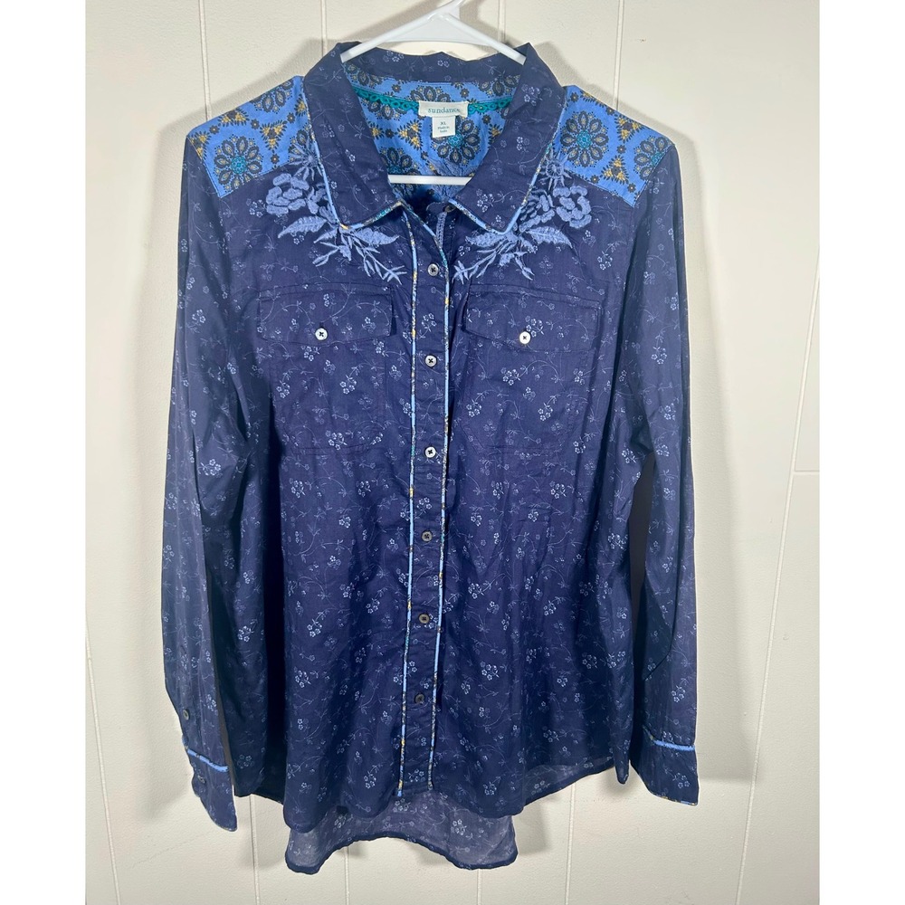 Sundance Womens XL Navy Blue Embroidered Cotton Button Down Boho Floral Shirt
